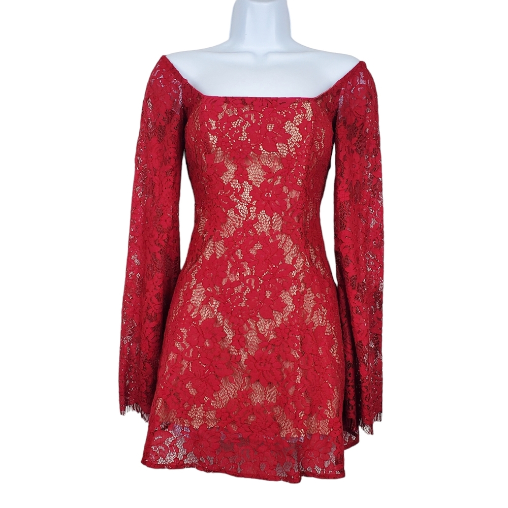 Majorelle Womens Benson Flare Sleeve Red Lace Mini Dress Size XS - Picture 1 of 9